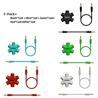 5-Jack Multi Headphone Audio Splitter With 3.5mm Stereo Cable 20cm & 100cm, 5-Pack