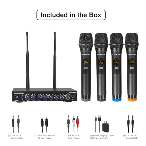 Sound Town 200 Channels Wireless Microphone Karaoke Mixer System, with 4 Metal Handheld Microphones, Optical (Toslink), AUX, for Smart TV, Home Theater, Sound Bar (SWM16-4MEGA) - color: Black & Gray & Blue & Orange