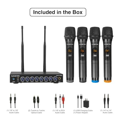 Sound Town 200 Channels Wireless Microphone Karaoke Mixer System, with 4 Metal Handheld Microphones, Optical (Toslink), AUX, for Smart TV, Home Theater, Sound Bar (SWM16-4MEGA) - color: Black & Gray & Blue & Orange