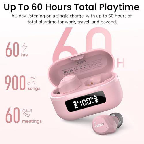 TOZO NC9 Hybrid Active Noise Cancelling Wireless Earbuds, 60H, LED Display | 6 Mic ENC Clear Calls, Deep Bass Sound, IPX8, in Ear Bluetooth 5.3 Headphones,32 EQs via APP, Comfort Fit Ear Buds, Pink - color: Pink