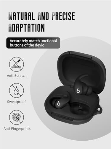 Case for Beats Powerbeats Fit Earbuds 2025 (Black) | Soft Silicone Protective Cover with Carabiner and Lanyard, Shockproof - color: Black