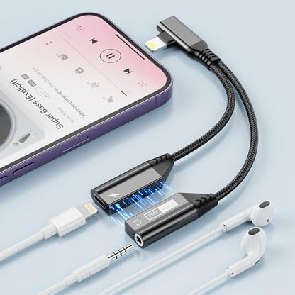 Right Angle Magnetic 2-IN-1 Lightning to 3.5mm Audio Jack Headphone and Charge Cable Adapter for iPhone,90 Degree Earphone Converter Splitter Support Music+Charge+HiFi+Mic for iPhone14 13 12 11