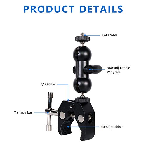 Cool Dual Ball head Magic Arm Adapter Camera Clamp Mount Super Clamp with 1/4 and 3/8 Thread, for DSLR Camera Rig, LED Light, Flash Light, Action Cam, 2Pack