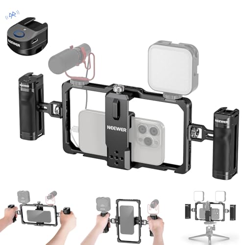 NEEWER Universal Phone Cage Video Rig with Bluetooth Shutter Side Handle Comfort Grips, Smartphone Stabilizer for Video Recording Compatible with iPhone 16 15 Pro Max 15 Pro Galaxy S24 Ultra, PA009E | Comfort Grips Smartphone Stabilizer for Video Recordin