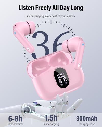 Wireless Earbuds, Bluetooth 5.4 Headphones Bass Stereo/Clear Calls, Pink | Ear Buds with Noise Cancelling Mic LED Display in Ear Earphones IP7 Waterproof 36H Bluetooth Earbuds for Phones/Sport/Laptop - color: Pink