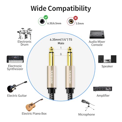 2-Pack 1/4 Inch TS Instrument Cable 6.6 Feet /2M Electric Guitar Cables Quarter Inch Mono Jack Cord for Electric Guitar, Mandolin, Bass AMP, Keyboard, Mixer, Equalizer - size: 6.6 Feet/2M