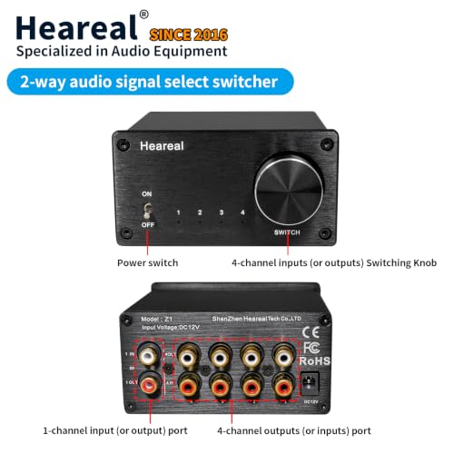 Bi-Directional 4-Way Stereo Audio Switcher, Rotary Knob, Gold-Plated RCA
