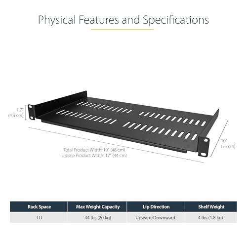 StarTech 2-Pack 1U Vented Rack Shelf, 10in, 44lb (CABSHELFV1U-2PK) | 19in network rack or cabinet fit, 20kg per shelf, 25cm deep, SPCC cold-rolled steel, Rackmount tray - size: 10", style: 2-pack