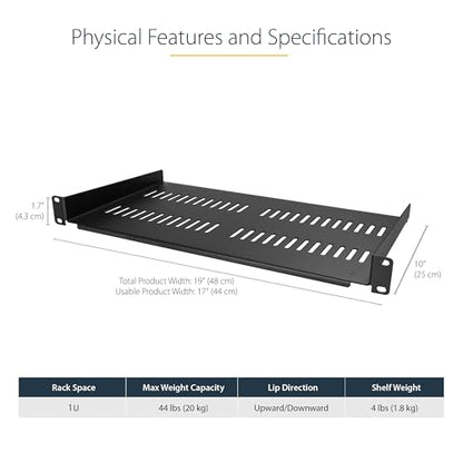 StarTech 2-Pack 1U Vented Rack Shelf, 10in, 44lb (CABSHELFV1U-2PK) | 19in network rack or cabinet fit, 20kg per shelf, 25cm deep, SPCC cold-rolled steel, Rackmount tray - size: 10", style: 2-pack