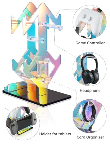 NiHome Iridescent Acrylic 2-Tier Universal Game Controller Headset Holder Rack, Modern Storage Organizer for PS5 Xbox ONE Switch Game Controllers and Headphones Anti-Slip Stable Gaming Accessory Stand - size: Iridescent Double-Sided 2-Tier