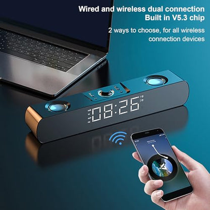 Zunate Bluetooth Soundbar for PC/Laptop - HiFi Gaming Speaker with USB, AUX, Built-in Subwoofer, FM Radio & Alarm Clock (Black) - color: Black