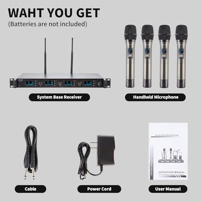 Wireless Microphone System, 4-Channel UHF Wireless Mic, Fixed Frequency Metal Cordless Mic with 4 Handheld Dynamic Microphones, 200ft Range, Mics for Singing, Church (4 Handheld) - size: 4 Handheld
