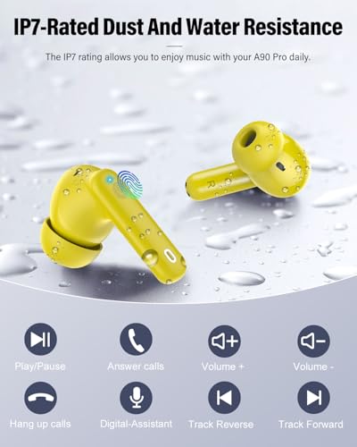 Wireless Earbuds, Bluetooth 5.4 Headphones Bass Stereo/Clear Calls, Yellow | Ear Buds with Noise Cancelling Mic LED Display in Ear Earphones IP7 Waterproof 36H Bluetooth Earbuds for Phones/Sport/Laptop - color: Yellow