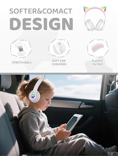Bluetooth Headphones Wireless Cat Ear 60H/8H with LED Light Mic White | Adjustable Headband Foldable Over-Ear Headset for Kids/Tablet/iPad/Laptop,HD Stereo Sound,Aux Aux 3.5mm - color: White