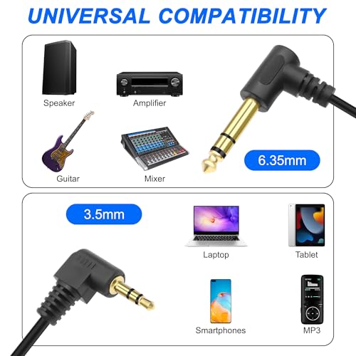 MEIRIYFA 3.5mm to 6.35mm Stereo Audio Cable, 3.5mm 1/8 inch Male TRS to 6.35mm 1/4 inch Male TRS Right Angle Audio Cable Cord for Guitar Laptop Home Theater Smartphone Amplifier (2PCS, 1.8M)