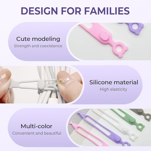 Data Cable Organizer, Upgrade Elastic Silicone Cable Straps Cord Organizer Silicone Headphone Organizers, Reusable Cable Ties Wire Organizer for Bundling and Earphone Phone Charger (6)