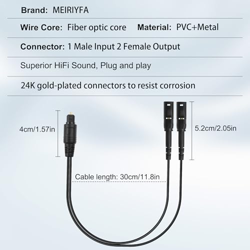 MEIRIYFA Digital Optical Splitter Adapter Cable 1 in 2 Out | Toslink Digital Fiber Optic Audio Splitter 1 Male Input 2 Female Output Cable for Home Theater,TV,Receiver,Sound Bar - 0.3M - style: 1 Male to 2 Female