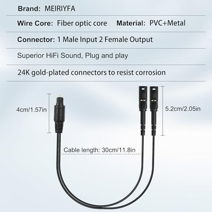 MEIRIYFA Digital Optical Splitter Adapter Cable 1 in 2 Out | Toslink Digital Fiber Optic Audio Splitter 1 Male Input 2 Female Output Cable for Home Theater,TV,Receiver,Sound Bar - 0.3M - style: 1 Male to 2 Female