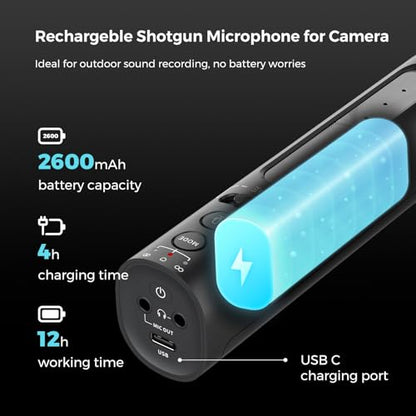 Shotgun Microphone for Camera with Cold Shoe Mount (AM10B) | USB Condenser Microphone for DSLR/PC, Podcast Mic with 8 Mic Array, 12H Battery, 3 Polar Pattern, Volume Control, Monitoring