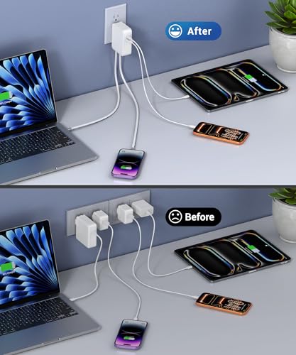 65W Retractable Wall Charger with Dual Cables,4-in-1 Retractable Phone Charger Wall Plug with USB Ports,2.6FT PD Cable&2 Ports,Fast Charging for iPhone 17/16/15,MacBook Pro/Air,Galaxy,Pixel,Travel