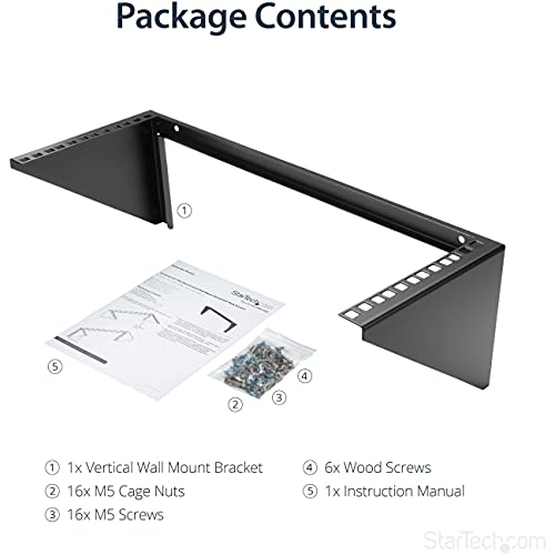 StarTech 4U Vertical Wall-Mount Rack Bracket, 19in, 125lb, TAA (RK419WALLV) | Open-frame L-shaped bracket for network and data equipment, Low-profile, EIA-310, 56.7kg, Any depth - size: 4U