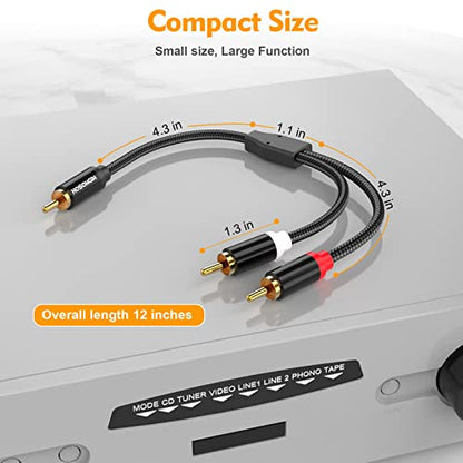 HOSONGIN RCA Y Splitter Cable, 1 Male to 2 Male Audio Cables (2 Pack), 12 Inch, 24K Gold-Plated, Cotton Braided, Shielded Subwoofer Cable for Amplifiers, TV, Home Theater, Hi-Fi Systems - size: 1FT-2Pack, style: 1 Male to 2 Male