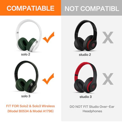 Solo 2 Solo 3 Ear Pad Replacement, GVOEARS Earpad Cushions for Beats Solo | Soft Leather Noise Isolation Memory Foam (Blackish Green) - color: Blackish Green