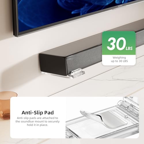 Soundbar Wall Mount Bracket for Samsung, LG, Sony, JBL, Vizio, Sonos and More, Depth Adjustable 3.5”-6.1”,Hold up to 30 Lbs,Soundbar Shelf Under TV, Clear - color: Clear