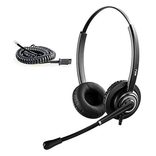 MKJ RJ9 Phone Headset with Microphone Noise Canceling for Landline Phone | Wired Office Headphone Dual Ear for Call Center Telephone Avaya 9508 Aastra 6753i Fanvil Polycom 3Com, Clear Sound, Comfort