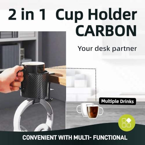 Luxury 2-in-1 Anti-Spill Cup Holder with Under Desk Headphone Hanger (Racing Carbon Edition) | MULTI-SCENE USE — Works on office cubicles, gaming desks, dorm tables, and outdoor camping setups - color: RACING CARBON EDITION