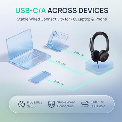 Yealink UH48 ANC Wired USB-C/A Headset,6 AI Noise-Canceling Microphones | Teams/Zoom Certified, Dual-ear Headphones, Call Center,Home,Plug & Play for Laptop/Phone/Computer,Dynamic EQ, 360° Busylight - color: USB-C/A (Teams)