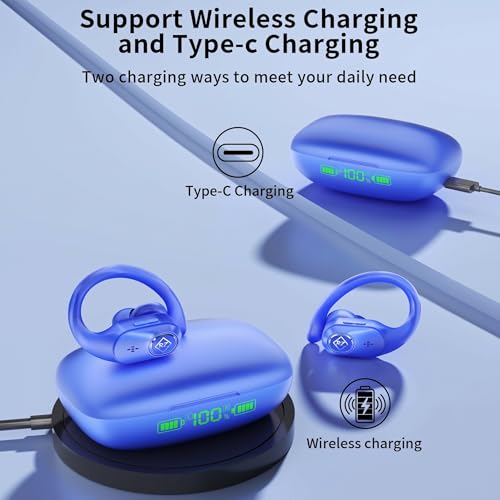 Wireless Earbuds with Ear Hooks 96H Playtime for iPhone Android | LED Display Deep Bass Stereo Sound Built in Mic Sweat Resistant Design Low Latency Mode for Sports Gaming - color: Blue