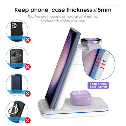 Wireless Charging Station for Samsung/Android, Fast Wireless Watch Charger Station Compatible for Samsung Galaxy S26 Ultra/S25/S24+/Z Flip 7/6 Fold 7/6, Watch8/7/Pro/Active 2 Galaxy Buds3/2 Pro(White) - color: White