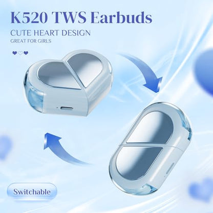 Heart Wireless Earbuds for Girls Kids, Cute Small Mini Tiny Invisible Earbuds Wireless Bluetooth for Small Ears Canals Women Rose Gold Kawai Blue Tooth Ear Buds for iPhone Android - color: Blue
