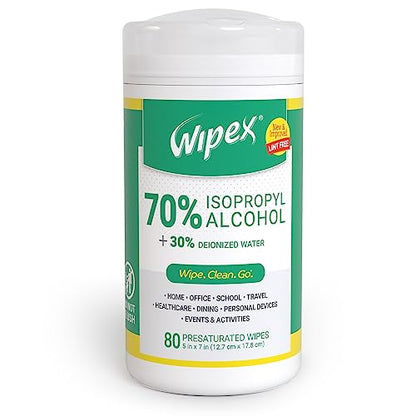 Wipex Alcohol Wipes with 70% Isopropyl Alcohol, 80 CT Lint-Free Cloth in Sealed Canister to clean Surfaces, Electronics, Computer Screens, Glasses, 80 Count (Pack of 1) - size: 80 Count (Pack of 1)