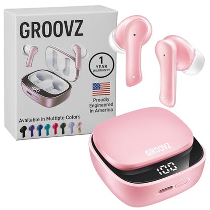 Groovz True Wireless Earbuds with Charging Case - Designed and Engineered in The USA - IPx4 Water Resistant Bluetooth Earbuds Compatible with Apple and Android - 27Hrs Battery Life - Light Pink - color: Pink