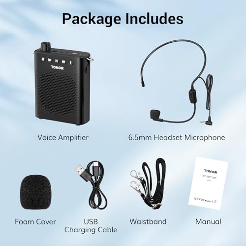 TONOR Portable Voice Amplifier for Teachers, Rechargeable Mini Pa System with 100 cm/3ft Wired Headset Microphone and Waistband, Megaphone Speaker for Classroom, Training, Yoga, Tour Guides K10