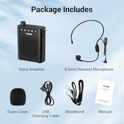 TONOR Portable Voice Amplifier for Teachers, Rechargeable Mini Pa System with 100 cm/3ft Wired Headset Microphone and Waistband, Megaphone Speaker for Classroom, Training, Yoga, Tour Guides K10