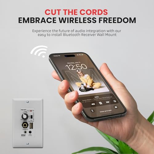 Pyle Wireless BT Receiver Wall Mount - 100W In-Wall Audio Control Receiver w/ Built-in Amplifier, USB/Microphone/Aux (3.5mm) Inputs, Speaker Terminal Block, Connect 2 Speakers, White - PWA15BT
