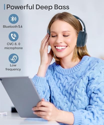 INFURTURE Active Noise Cancelling Over Ear Bluetooth Headphone Deep Bass H1 | Comfortable, Hi-Fi Stereo, 90H Playtime, Low Latency, Foldable Lightweight for Travel, Office, Sport Running - Blue - color: Blue