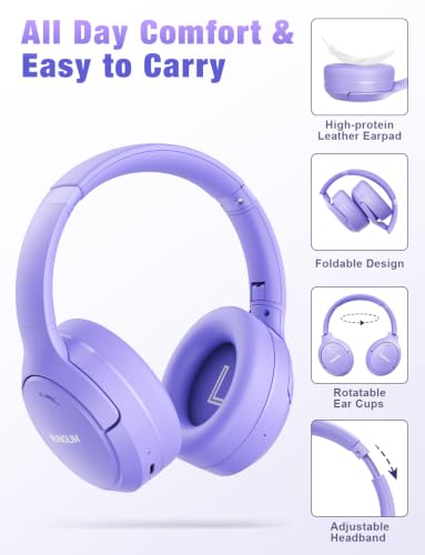RUNOLIM Hybrid Active Noise Cancelling Headphones, Wireless Over Ear Bluetooth Headphones with Microphone, 100H Playtime, Foldable Headphone with HiFi Audio, Deep Bass for Home Travel Office（Purple） - color: Purple