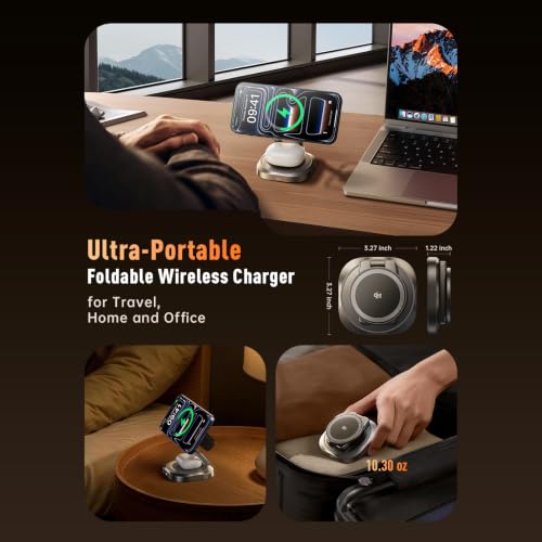 3-in-1 Foldable Qi2.2 25W Magnetic Wireless Charger Stand for iPhone Black | 360° Rotatable Charging Station for Airpods & Apple Phone Watch Earbuds for Travel Desk Home [With Cable Only] - color: Black