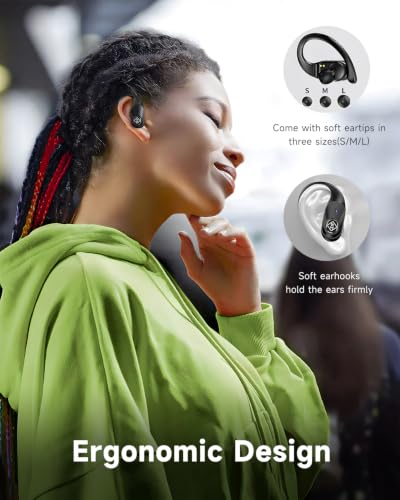 Wireless Earbuds Bluetooth Headphones 96H Playtime LED Display Waterproof | Built in Mic Deep Bass Sound Secure Over Ear buds Earhooks for iPhone Android Samsung CellPhones Sport Workout Gaming Running
