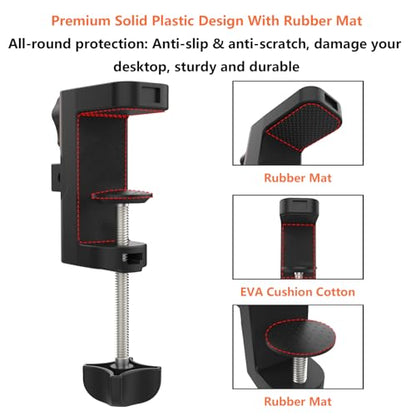 Table Clamp Mount for Microphone Stand, 2-in-1 Mic Boom Arm Clamp Table C Clip for Desktop Overhead Camera Tripod Mic Stand Lamp Base, Fits Up to 2.56 inch 6.5cm Desktop Thickness, 1 PCS