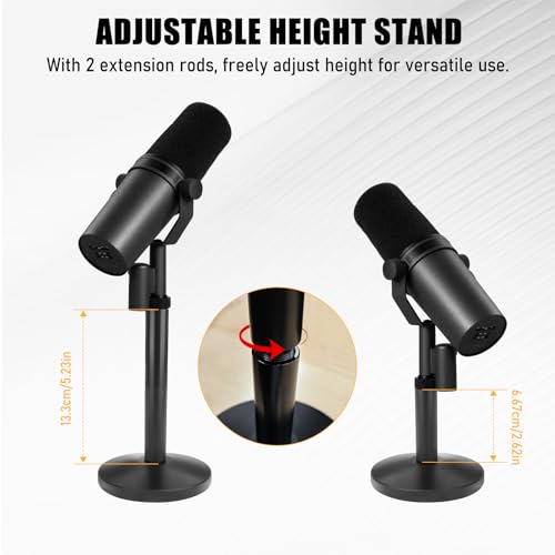 Desktop Microphone Stand for Shure SM7B/SM7DB | Adjustable Height with 2 Extension Rods, All-Metal Heavy-Duty, Easy Setup & Portable Space-Saving Mic Stand