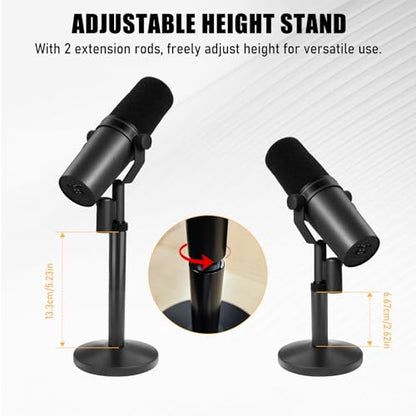 Desktop Microphone Stand for Shure SM7B/SM7DB | Adjustable Height with 2 Extension Rods, All-Metal Heavy-Duty, Easy Setup & Portable Space-Saving Mic Stand