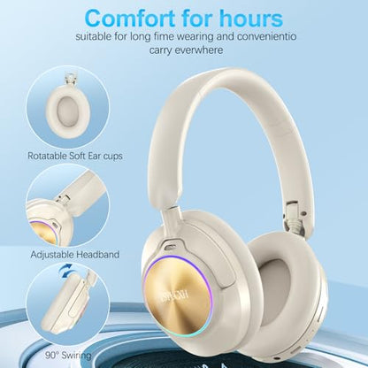 Noise Cancelling Over Ear Wireless Bluetooth Headphones with Microphone, 65h Playtime, Clear Calls, Comfort Fit for Travel (Beige) - color: Beige