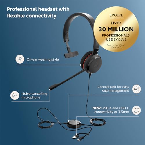 Jabra Evolve 30 II (2025 Edition) Wired Single-Ear Headset with Mic for Work - 3.5mm Jack, USB-A/USB-C Connectivity, with Noise-Cancelling Microphone, Microsoft Teams Certified, Call Control - Black - color: Stereo, style: Teams Certified