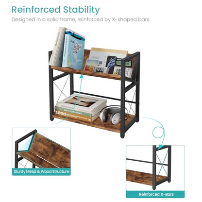 ELITEROO Desktop Bookshelf, 2 Tier Desk Shelf Organizer, Wooden Tabletop Bookcase, Small Desk Top Book Rack for Office, Home, Bedroom, Small Space Storage and Display, Rustic Brown - color: Rustic Brown