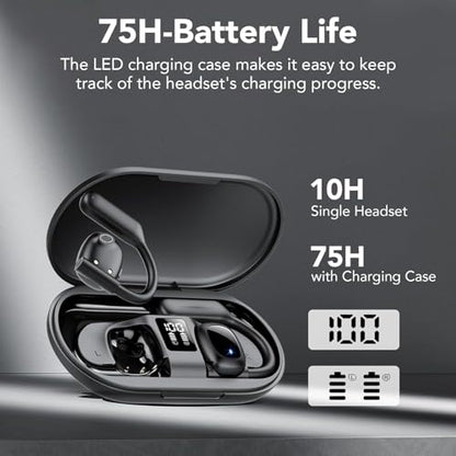Open Ear Bluetooth 5.3 Earbuds,Wireless Headphones Sport Over Earphones Built-in 4 Mic with Ear Hooks 75H Playtime,Bluetooth Ear Buds with LED Digital Display,IPX5 Waterproof for Running Fitness/Black